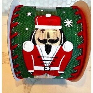 Nutcracker Dark Green With Red Yarn Edges Wired Christmas Ribbon 2.5" X 20' NEW